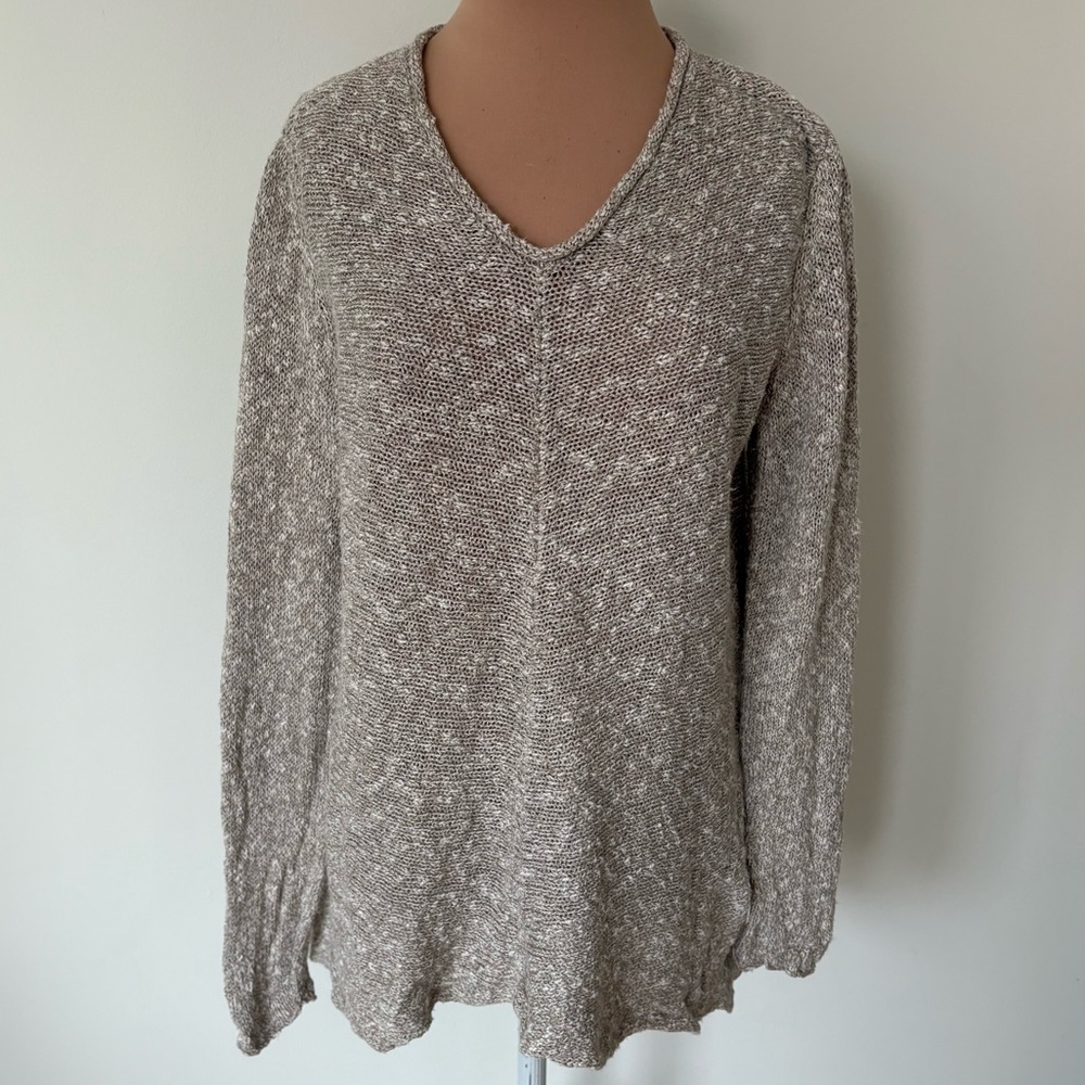Eileen Fisher Woven Knit Linen Blend V-Neck Natural Beige Sweater Size Medium